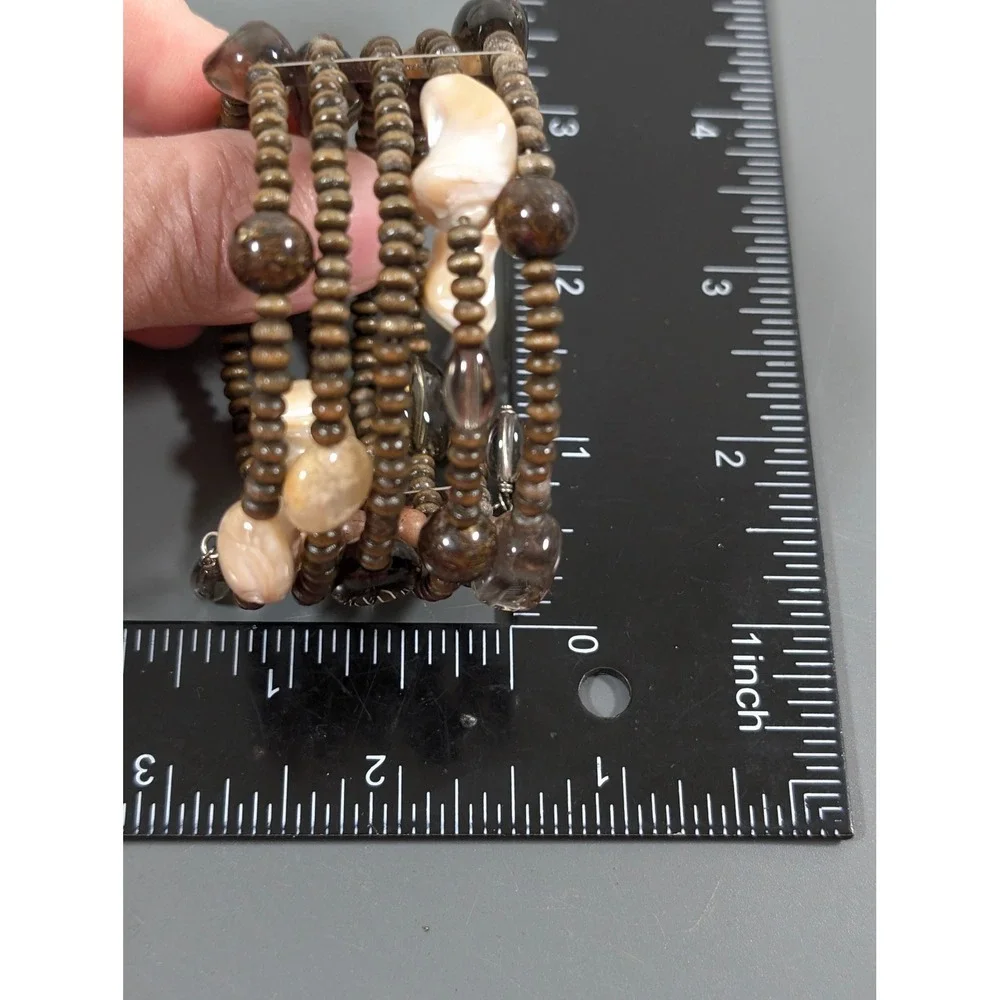 Wide Brown Beaded Cuff Bracelet Wood Shell‎ Glass Flexible Boho
